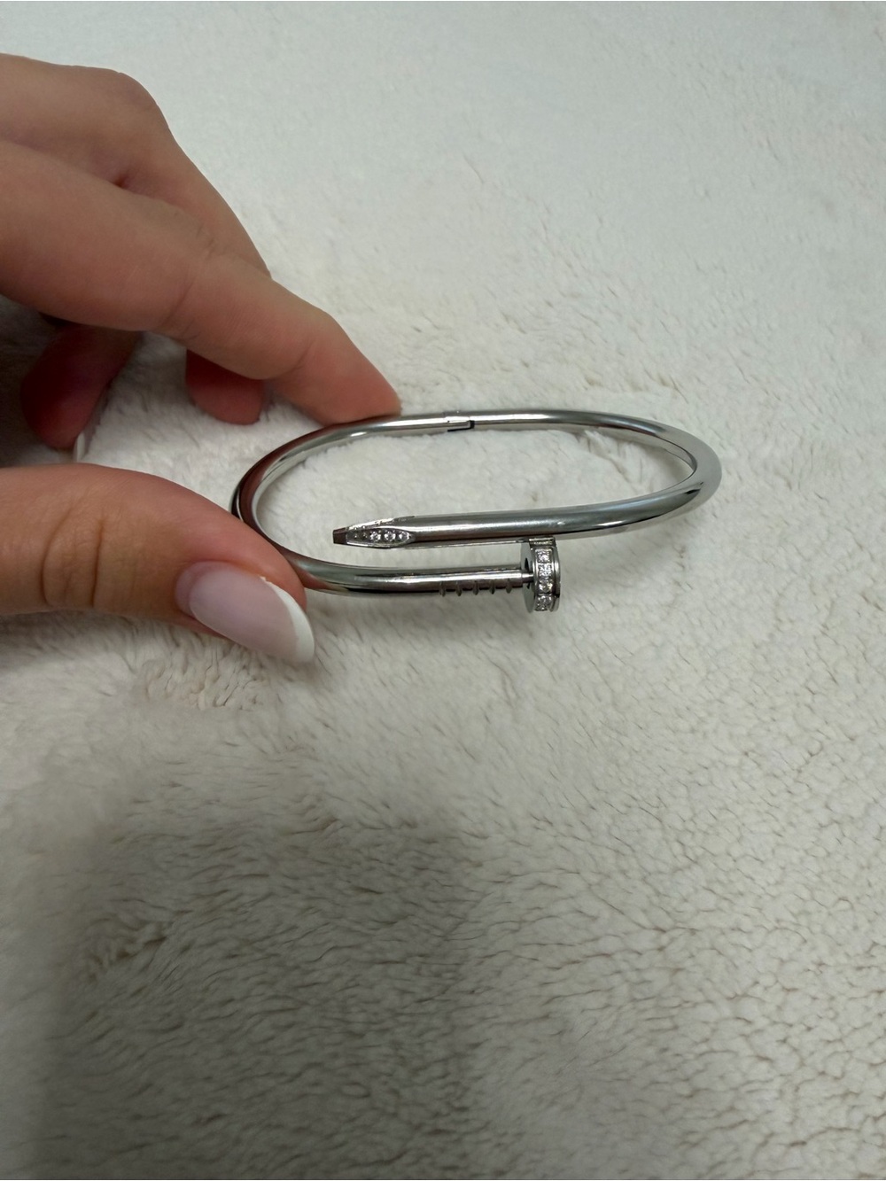 Polished Silver Nail-Style Cuff Bracelet with Crystal Accents